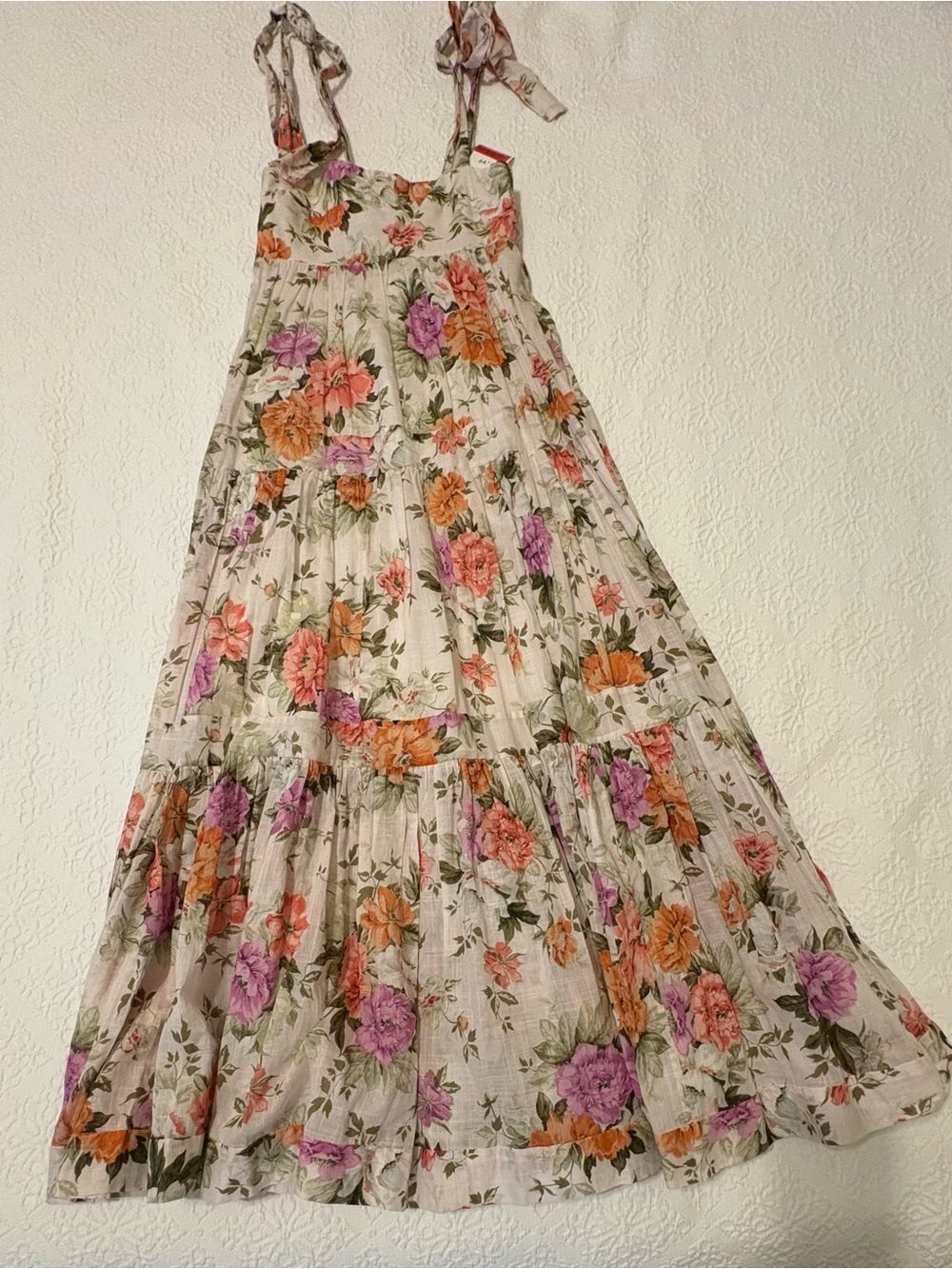 Zimmermann Floral Tiered Maxi Dress in Cream with Pink & Orange Blooms